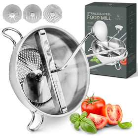 The Hungry Artisan stainless steel food mill with ergonomic crank for tomato sauce prep.