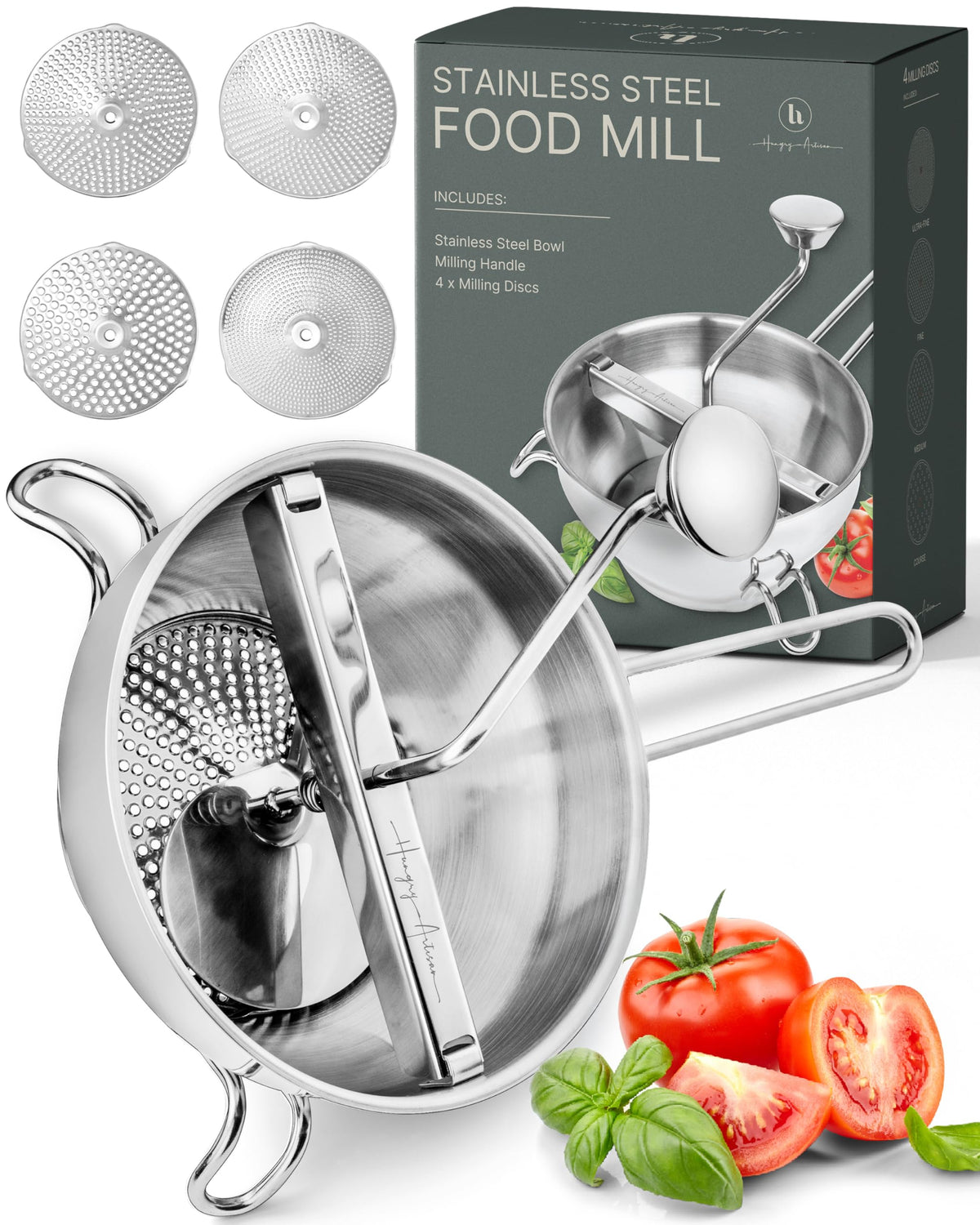 The Hungry Artisan food mill 4-disc assembly for versatile textures.