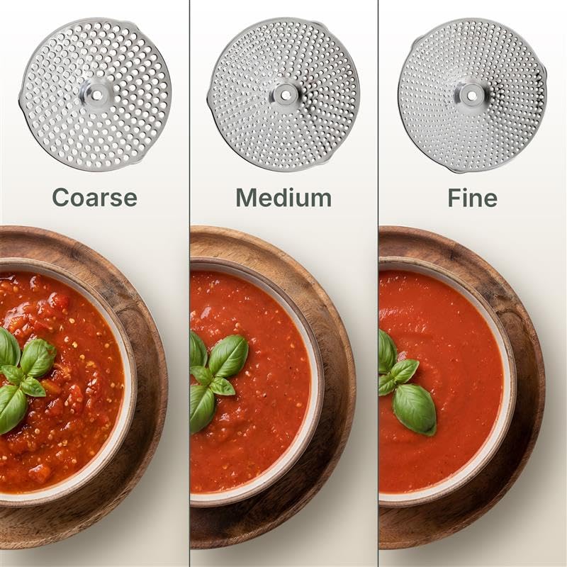 The Hungry Artisan food mill with 3 discs enabling precise texture control for purées.