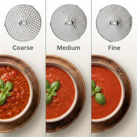 The Hungry Artisan food mill with 3 discs enabling precise texture control for purées.