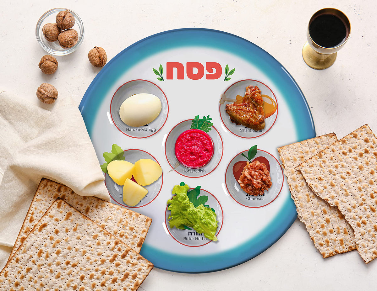 The Kosher Cook seder plate with pictures highlights each item for kid-friendly learning.