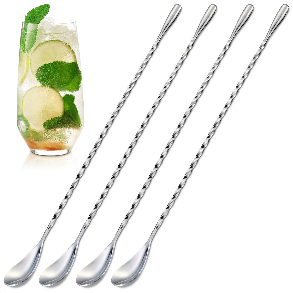 The Little Green Change 4-pcs bar spoons with twisted handles for precise cocktail stirring.