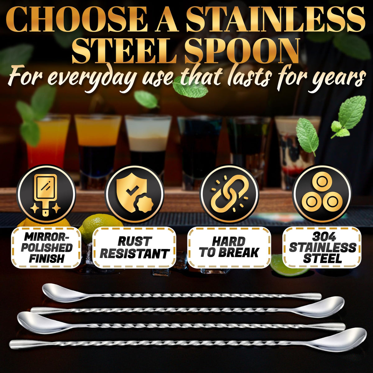 The Little Green Change balanced stainless-steel bar spoon offers durable, elegant stirring.