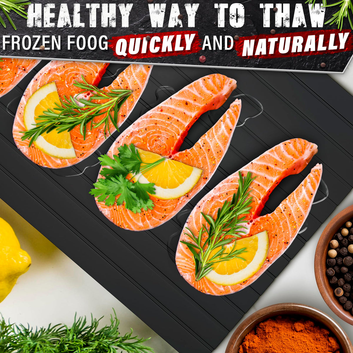 The Little Green Change defrost tray stores compactly under cabinets.