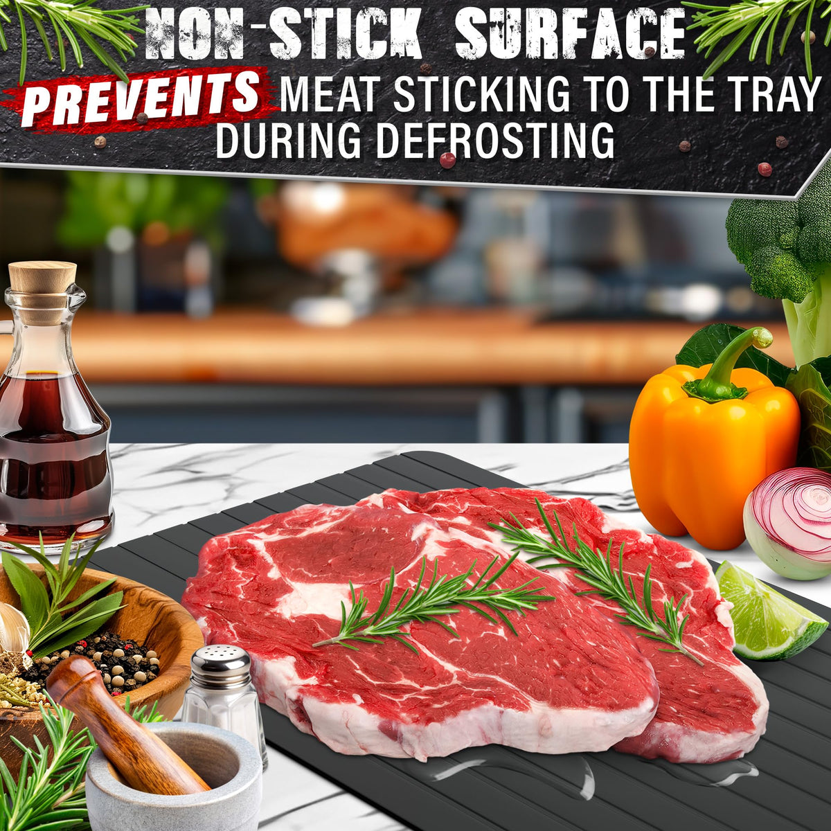 The Little Green Change defrost tray slides neatly under cabinets for convenient storage.