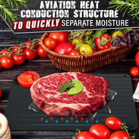 The Little Green Change defrost tray ideal for on-counter thaw of steak and chicken.