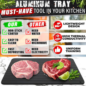 The Little Green Change defrost tray defrosting vegetables without electricity on a clean counter.