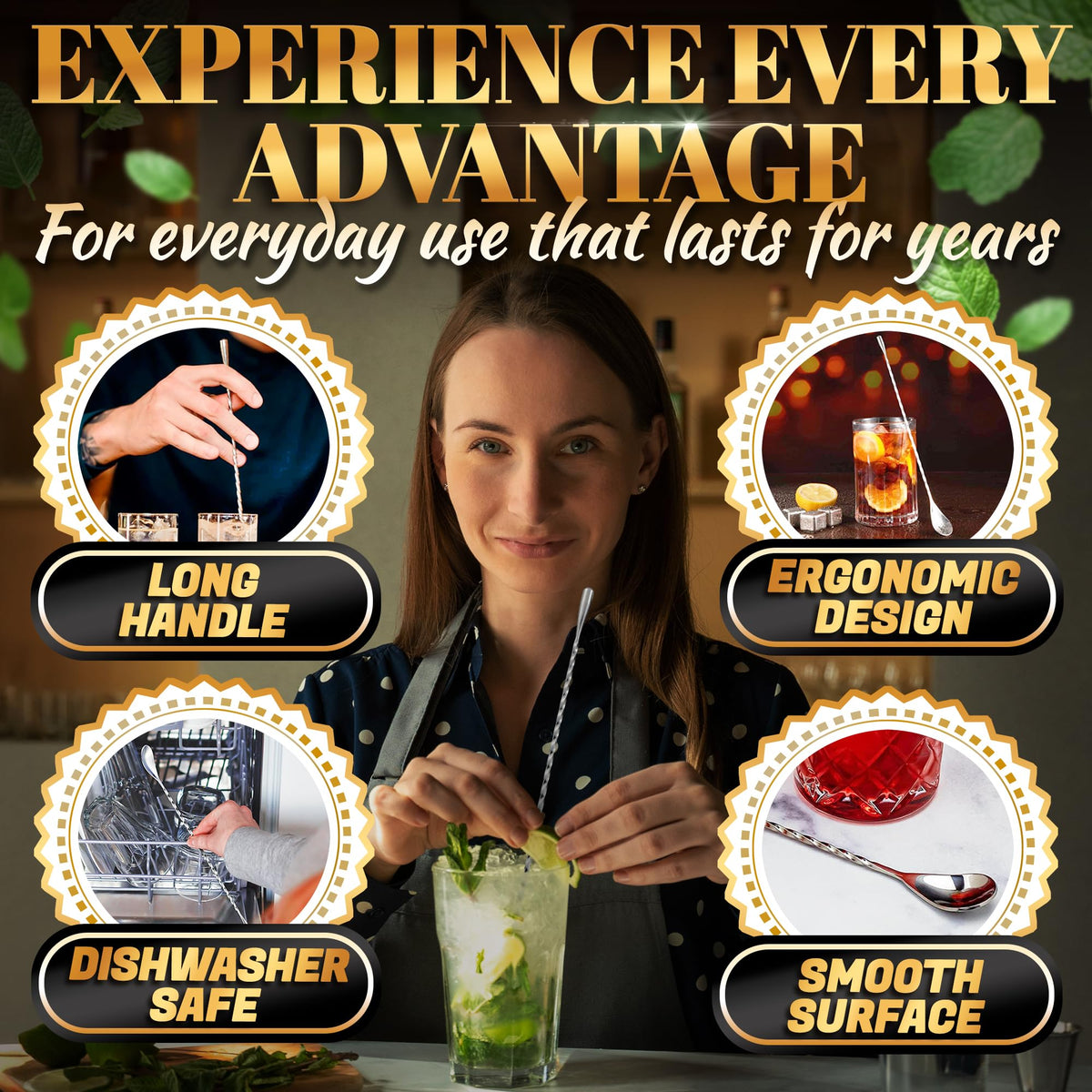 The Little Green Change long-handle stirrers reach tall glasses with ergonomic grip.