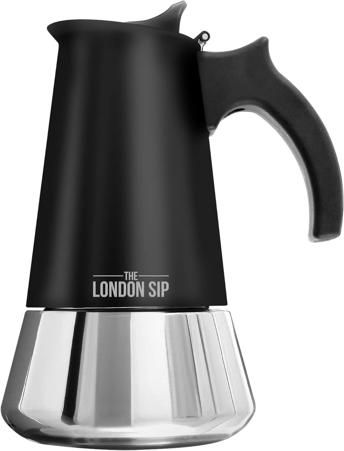The London Sip moka pot assembly showcases stainless steel for cafe-quality espresso at home.