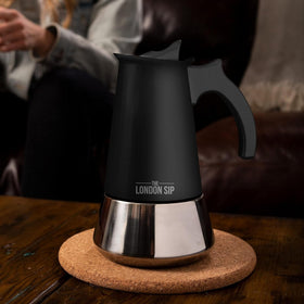 The London Sip moka pot on an induction-compatible stovetop.
