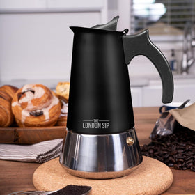 The London Sip moka pot pouring rich espresso into a cup at home.