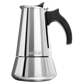 The London Sip stainless steel stovetop espresso maker shown from side, highlighting its clean design and build quality.