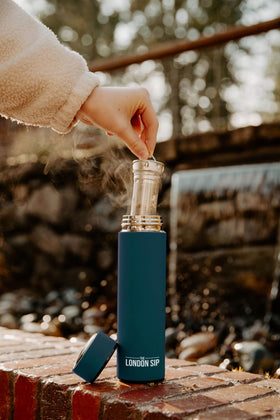 The London Sip bottle features a gasket-sealed lid for leak-free transport.
