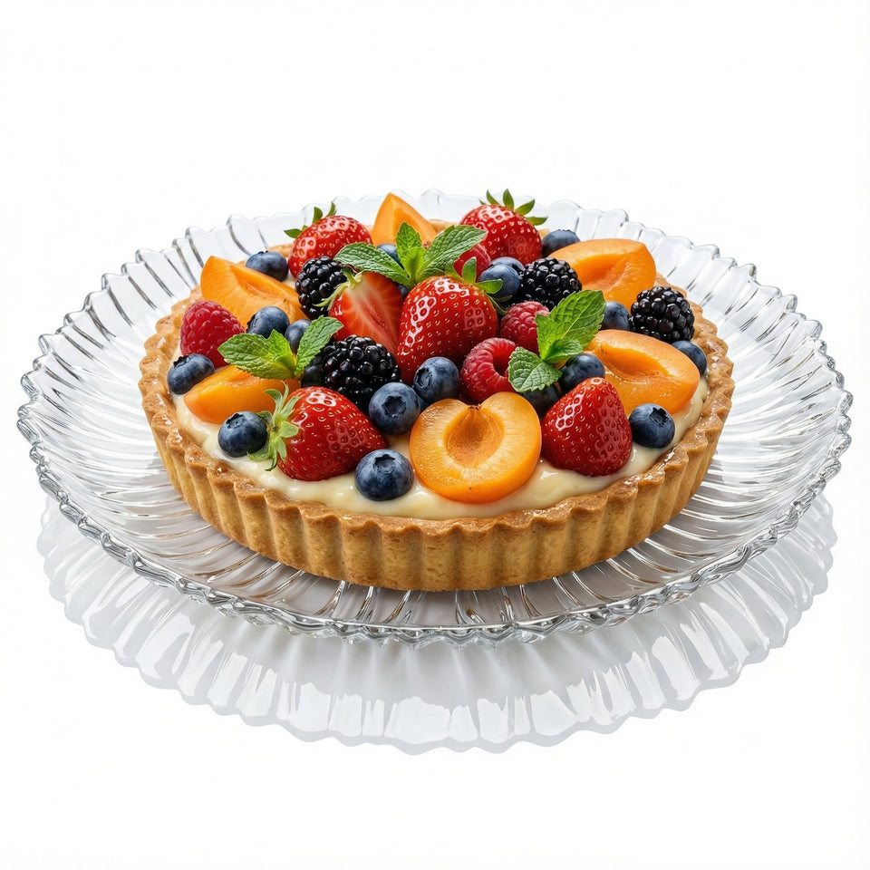 The Mask El Turko large glass platter displays cakes with elegant presentation for gatherings.