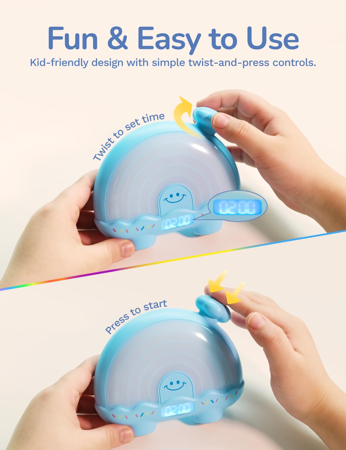 Timer Pal Rainbow Timer blue twist-to-set controls support independent use