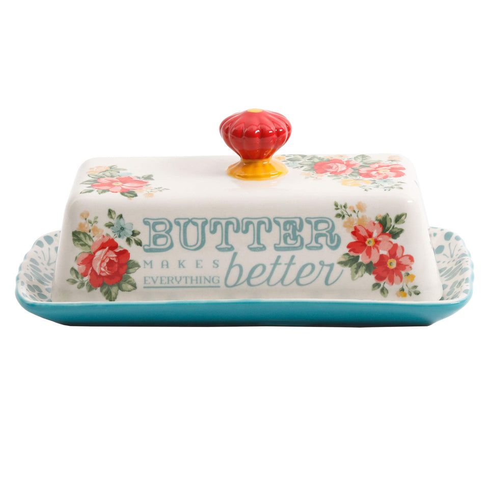 The Pioneer Woman vintage floral butter dish in stoneware, offering timeless charm and practical kitchen use.