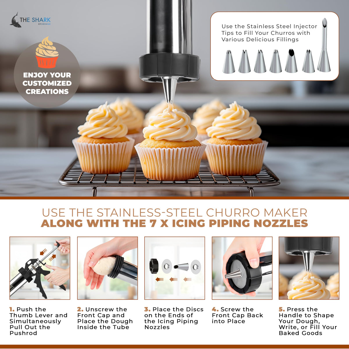 The Shark Kitchenware stainless steel body highlights durable, food-grade construction for confident home baking.