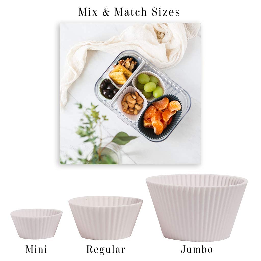 The Silicone Kitchen designer white baking cups on a sheet, four-color set ready to bake.
