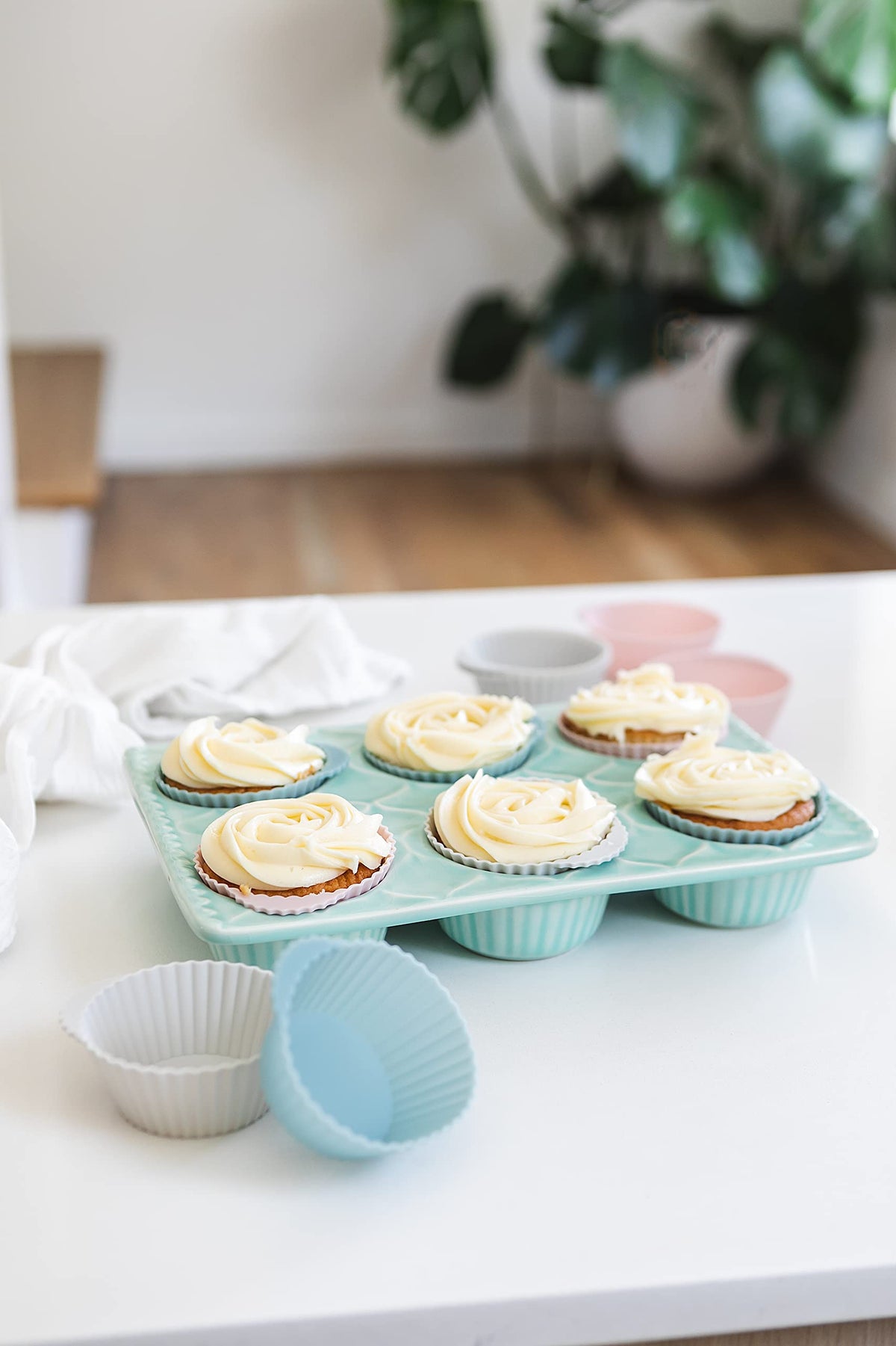 The Silicone Kitchen pearl gray baking cups on kitchen counter