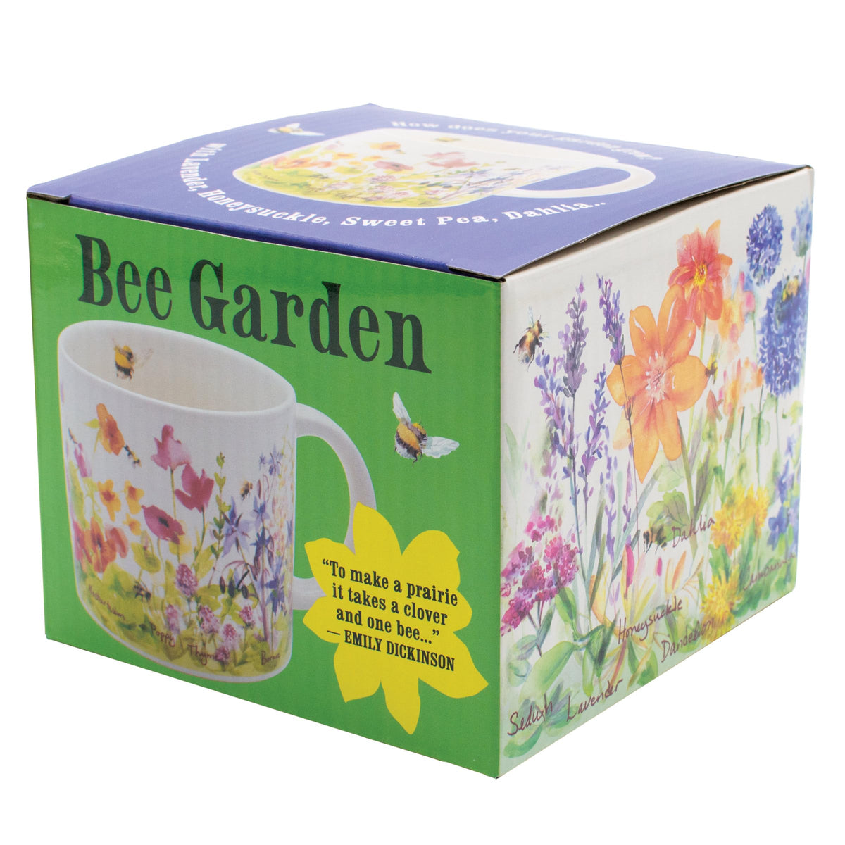This 14 oz Bee Garden mug offers generous room for drinks.