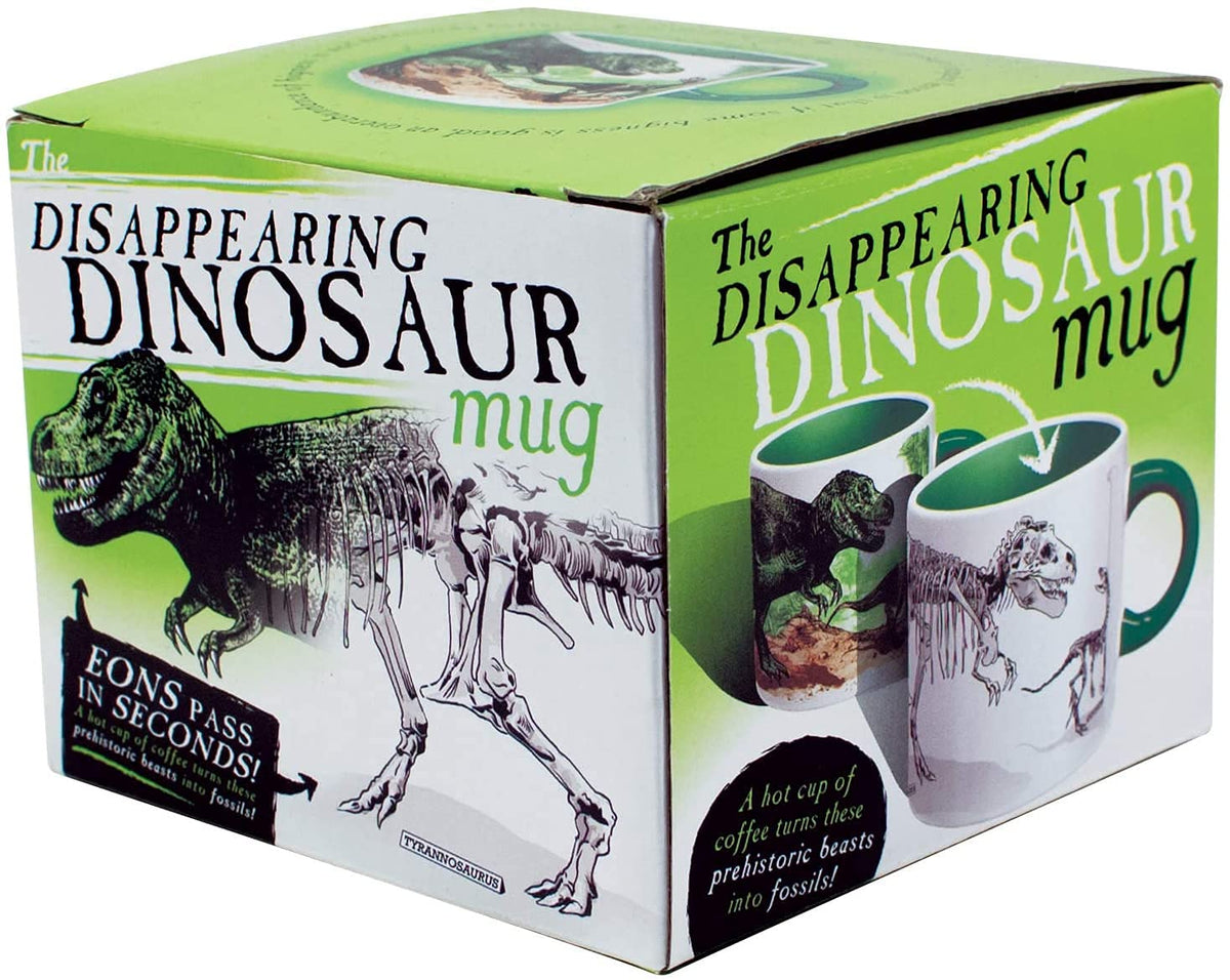 The Unemployed Philosophers Guild Disappearing Dino Mug shows 12 oz capacity for everyday use.