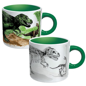 The Unemployed Philosophers Guild Disappearing Dino Mug front view shows color-changing dinos for a playful desk break.