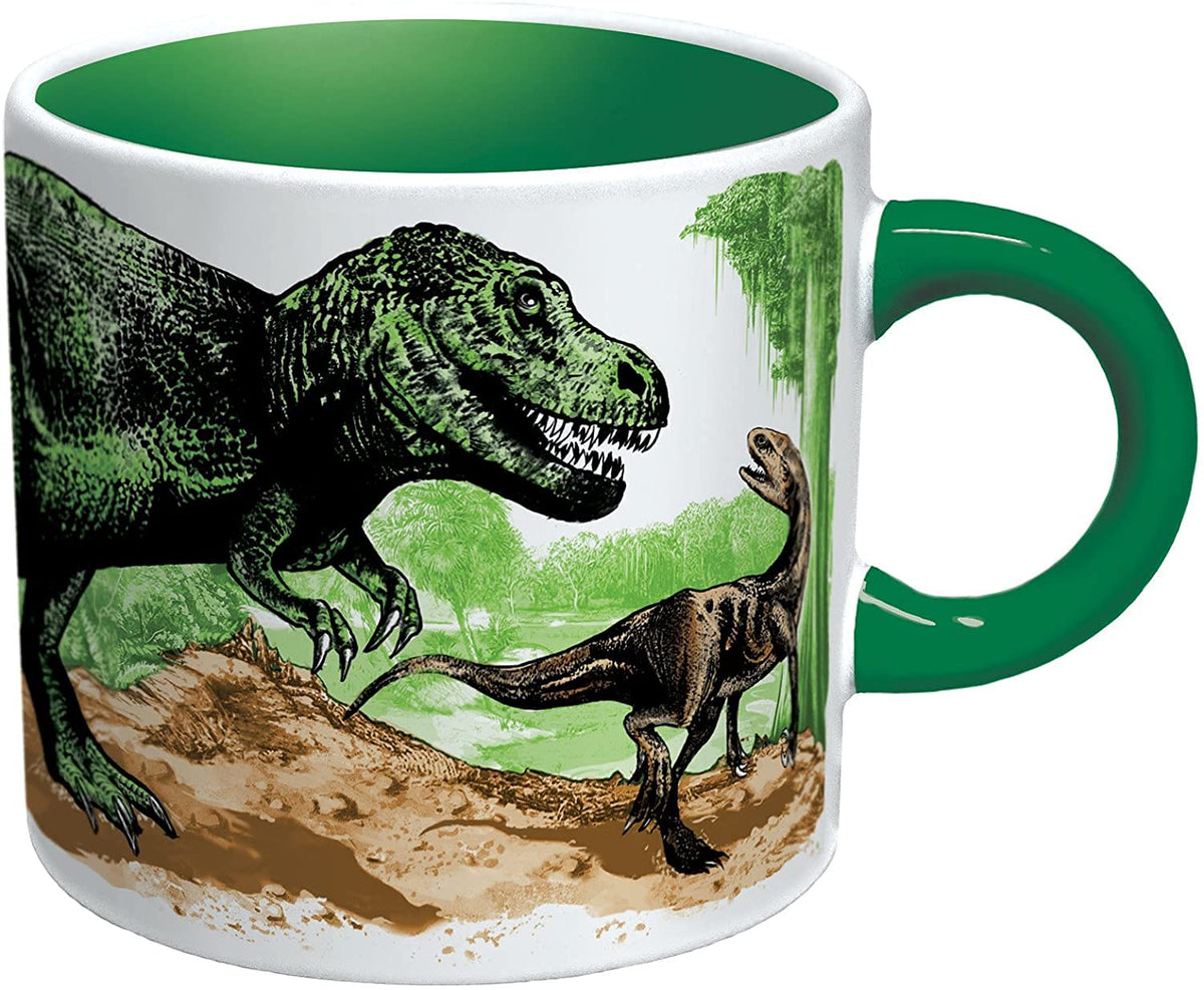 The Unemployed Philosophers Guild Disappearing Dino Mug in colorful box, ready for gifting.