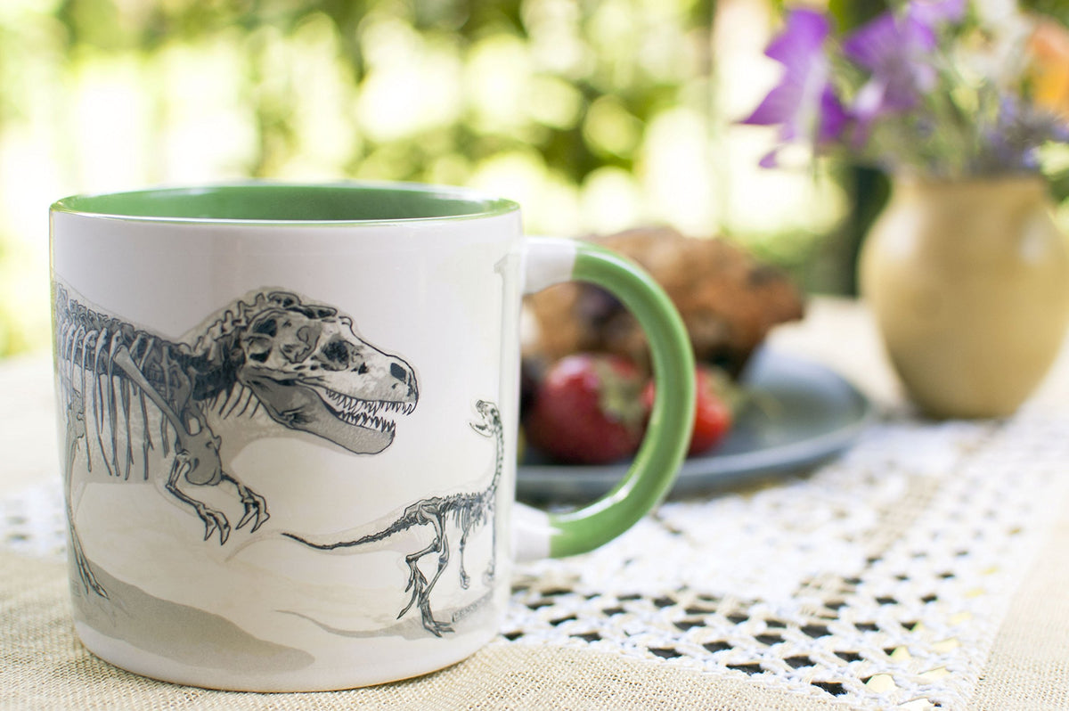 The Unemployed Philosophers Guild Disappearing Dino Mug is microwave-safe for reheating hot drinks.