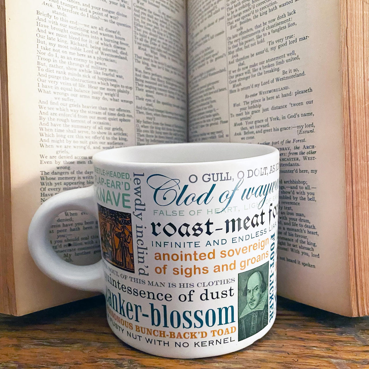 The Unemployed Philosophers Guild Shakespeare Insults Mug close-up, durable ceramic.