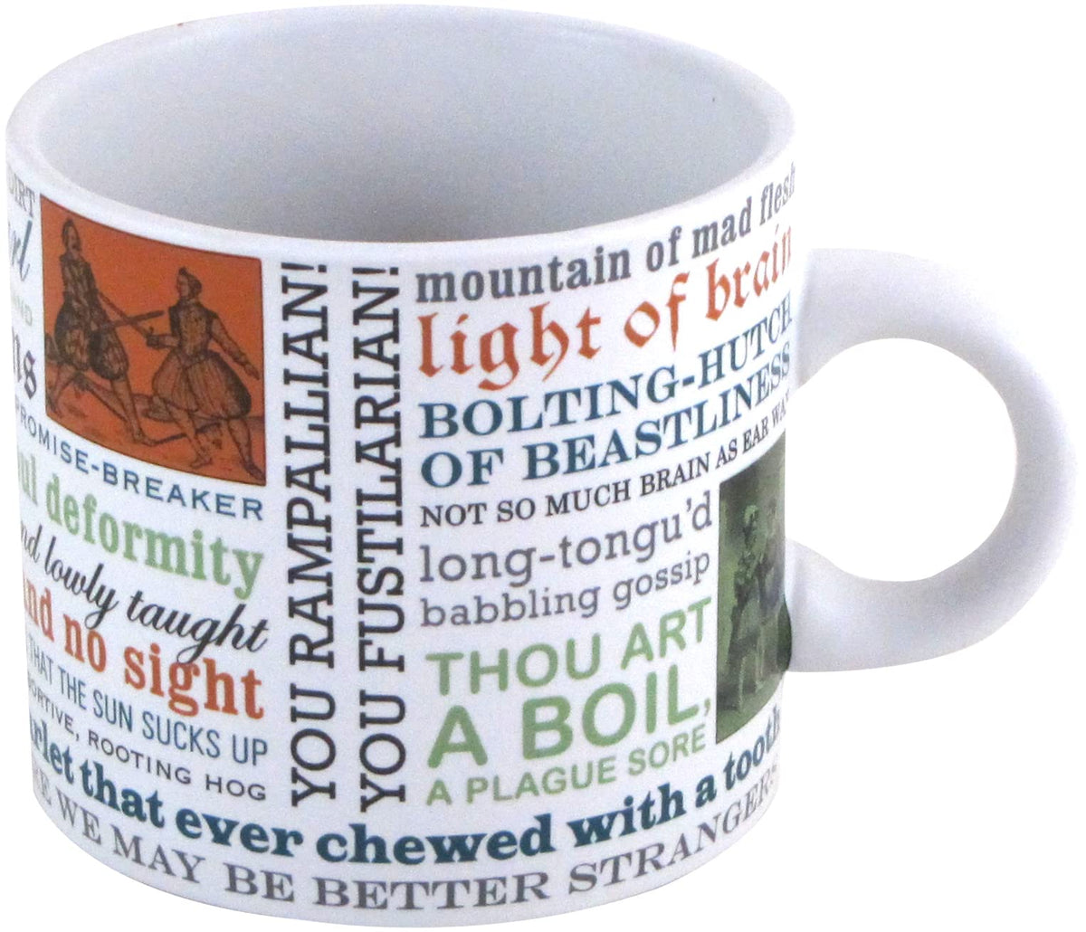 The Unemployed Philosophers Guild Shakespeare Insults Mug on desk, daily conversation starter.