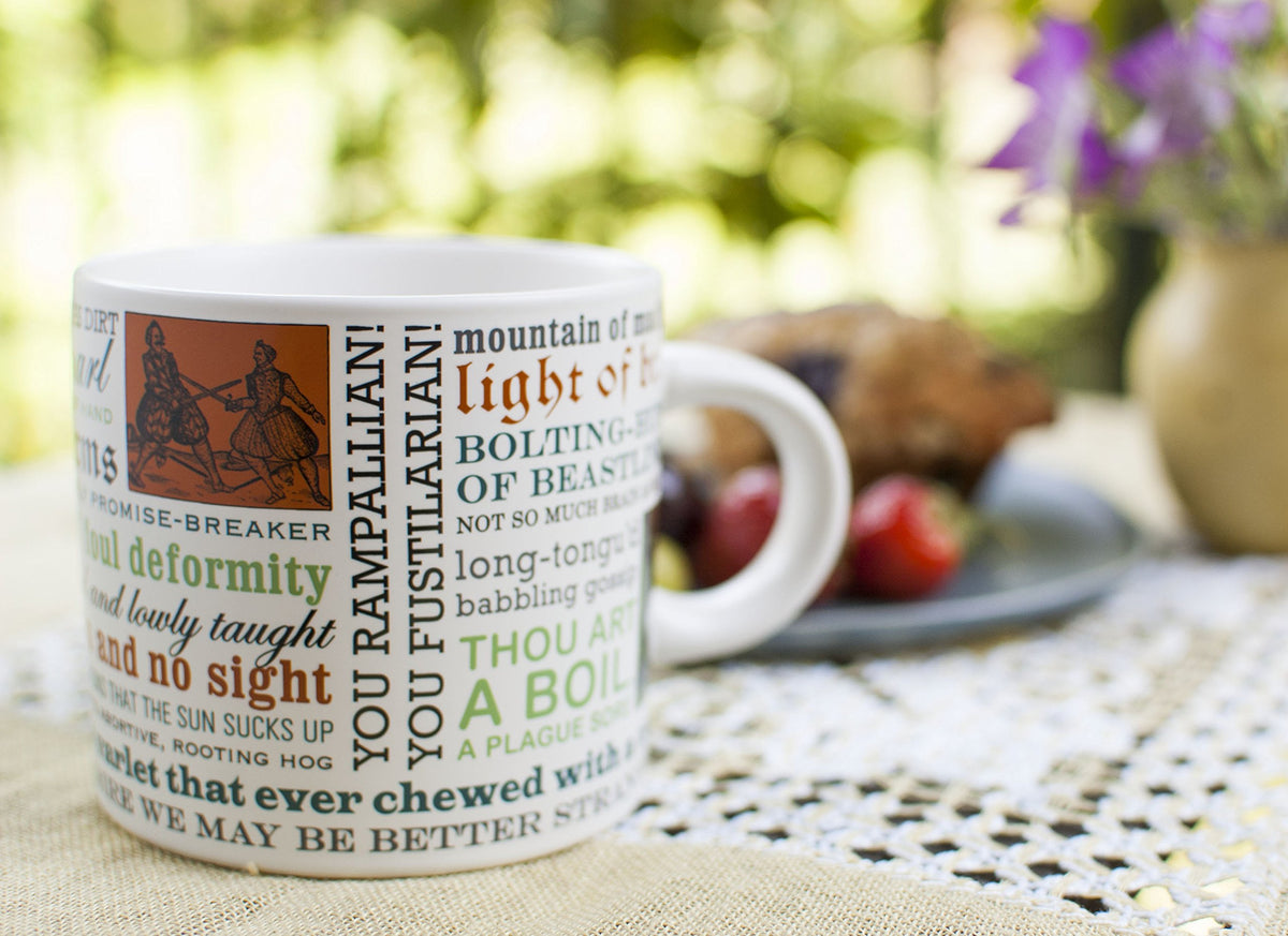 The Unemployed Philosophers Guild Shakespeare Insults Mug colorful fonts, eye-catching gift idea.