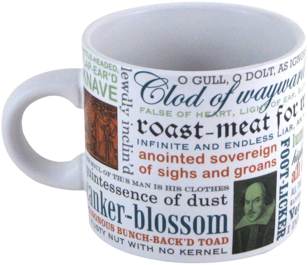 The Unemployed Philosophers Guild Shakespeare Insults Mug side view, comfortable daily use.