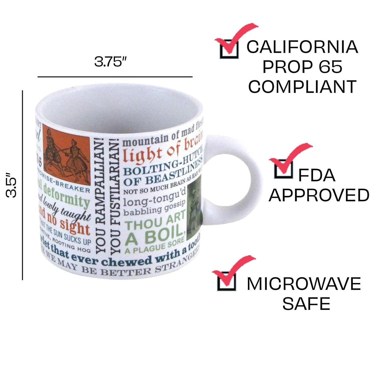 The Unemployed Philosophers Guild Shakespeare Insults Mug typography, bright fonts for visual delight.