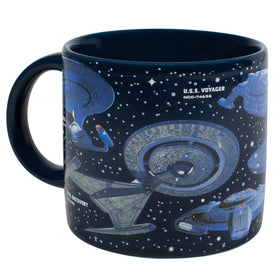 The Unemployed Philosophers Guild Starships mug, close-up detail, starships design in focus.