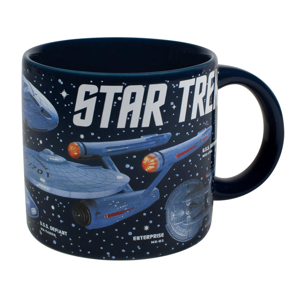 The Unemployed Philosophers Guild Starships mug, front view, ideal for space-themed mornings.