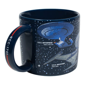 The Unemployed Philosophers Guild Starships mug, top view, showcases ship silhouettes.