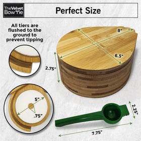 The Velvet Bow Tie bar cart scene pairs with natural bamboo aesthetics.