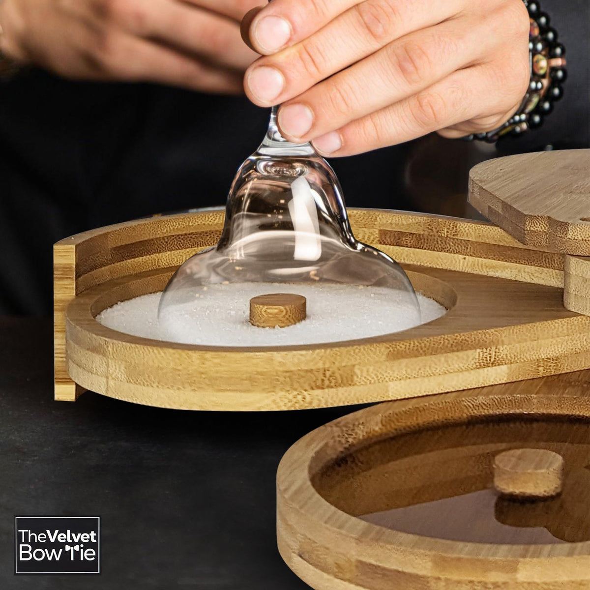 The Velvet Bow Tie margarita glass rim setup highlights versatile rim options.