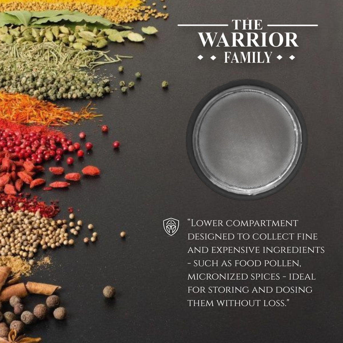 The Warrior Family 4-Piece Grinder glow lid aids low-light cooking without batteries.