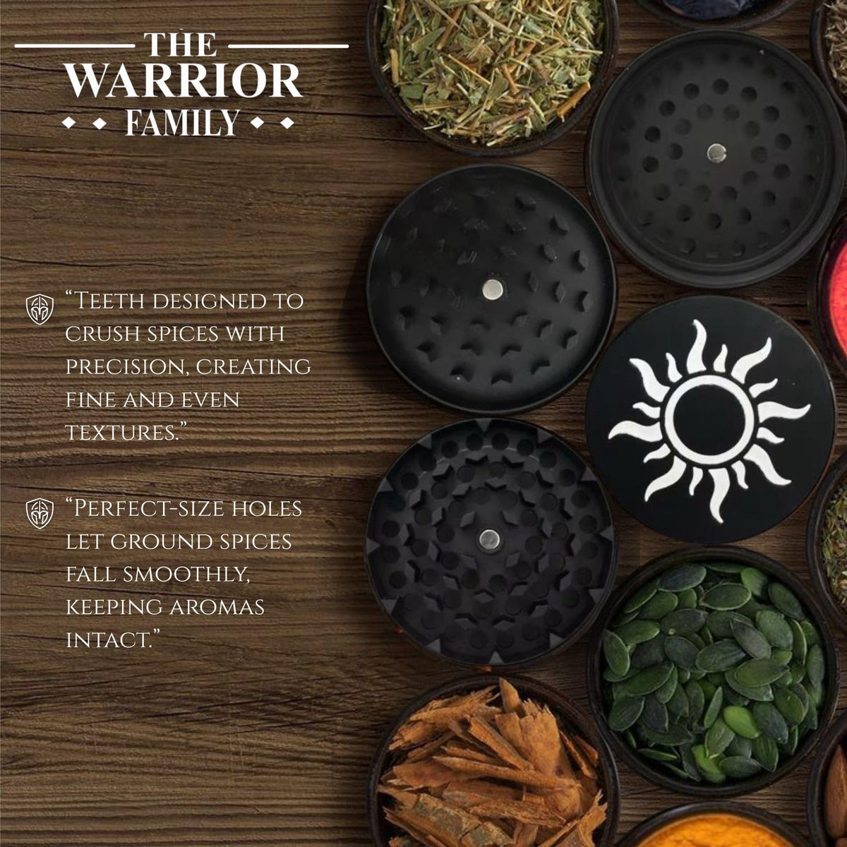 The Warrior Family 4-Piece Grinder pollen catcher separates ultra-fine spice particles for richer flavors.