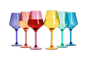 The Wine Savant six-pack European style plastic wine glasses in color, ideal for outdoor entertaining.