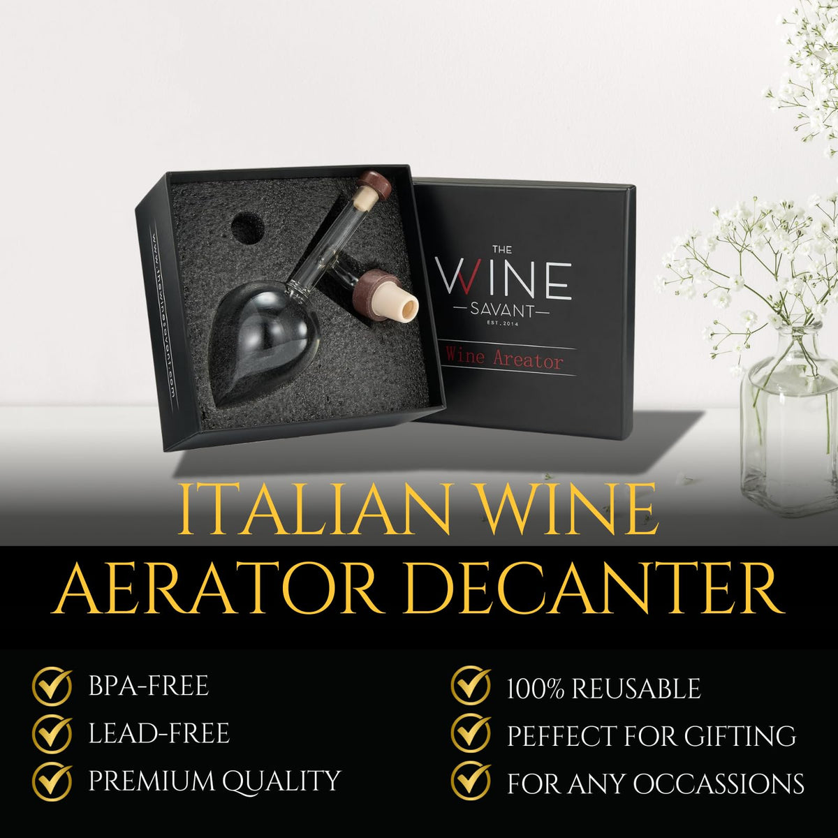 The Wine Savant minimalist design highlights aeration during pour for refined taste.