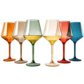 The Wine Savant muted color plastic wine glasses set for elegant outdoor gatherings.