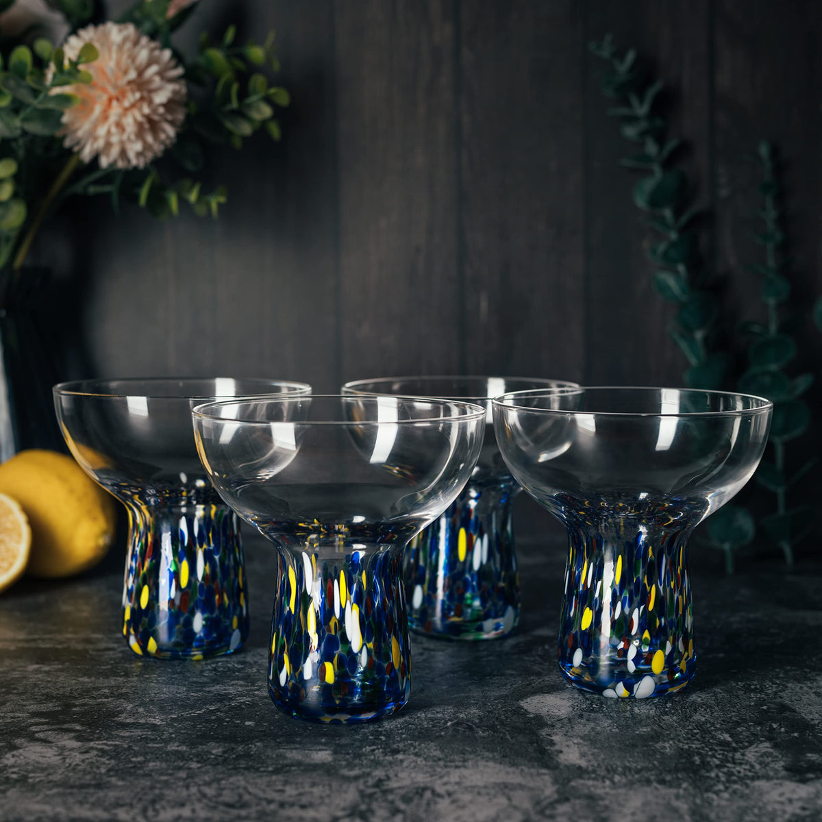 The Wine Savant tabletop glassware collection adds color and charm to any gathering.