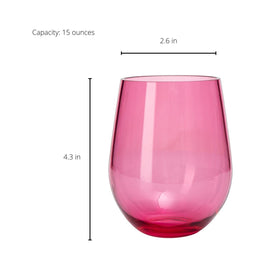 The Wine Savant pink unbreakable stemless glass for festive occasions.