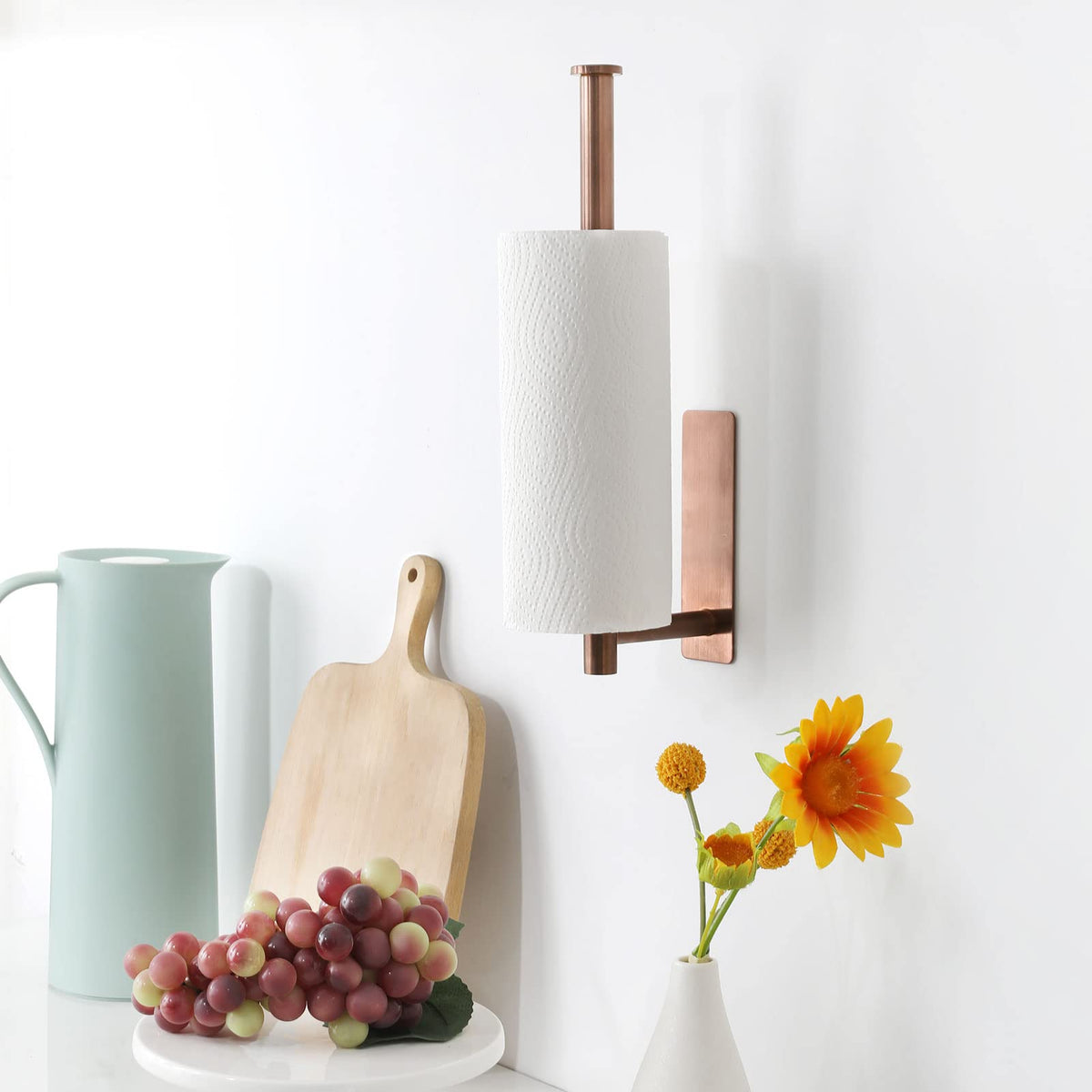 theaoo Rose Gold Adhesive Paper Towel Holder installs quickly without screws.