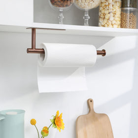 theaoo Rose Gold Wall-Mounted Paper Towel Rack saves counter space.