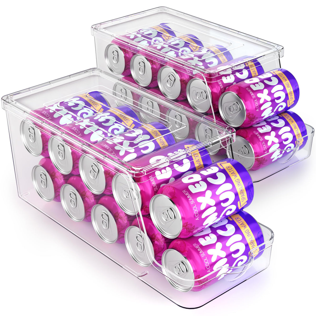 theaoo soda can dispenser with lids demonstrates space-saving fridge organization.