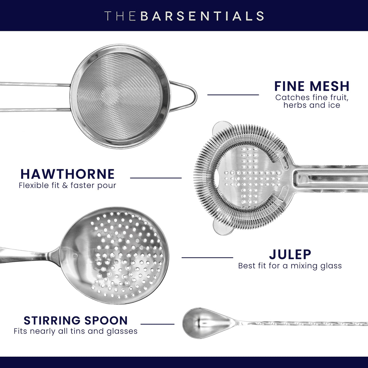 TheBarsentials Julep strainer poised for a smooth, controlled pour