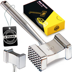 TheDOM stainless steel meat mallet top view for durable, even tenderizing.